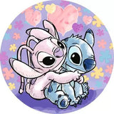 Cartoon characters hugging on a colorful heart and flower patterned background