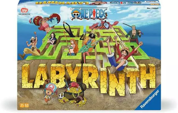 Board game box for 'One Piece Labyrinth' by Ravensburger with colorful characters on a blue background.