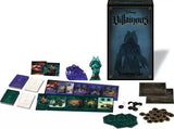 Board game components including cards, tokens, and a box labeled 'Disney Villainous' on a white background.
