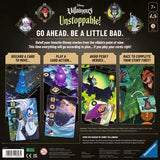 Back cover of a Disney Villains-themed card game packaging with character illustrations and text.