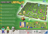Minecraft labyrinth game board with characters and maze layout on a green background