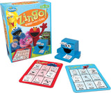 Sesame Street Zingo! game set with packaging, cards, and cookie character holder on a white background
