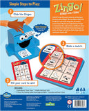 Zingo! Bingo game packaging with instructions and illustrations on a blue background