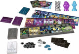 Collection of board game components including cards, tokens, and dice on a white background