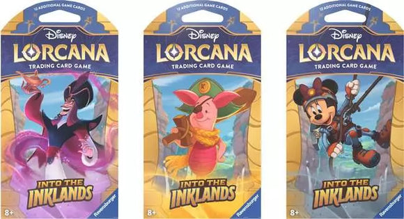 Three packages of Disney Lorcana trading card game featuring characters from 'Into the Inklands'.