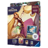 Disney Lorcana Trading Card Game Collection Starter Set Rapunzel Edition box set, featuring Rapunzel artwork and a sample Rapunzel promo card on the front, photographed on a clean white background.