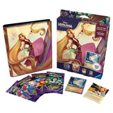 Disney Lorcana Rapunzel trading card game collection starter set with packaging and cards.