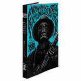 Book with a black and blue cover featuring a skeleton holding a rifle on a white background