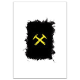 Black abstract art with a yellow symbol on a white background