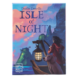 Board game box titled 'Isle of Night' with a colorful illustration of a person with a lantern and a dog.