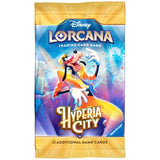A pack of Disney Lorcana Trading Card Game Hyperia City booster packs, featuring Goofy on the front cover with blue, purple, and gold artwork.