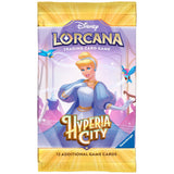 A package of Disney Lorcana Trading Card Game Hyperia City booster pack, featuring Cinderella on the front cover artwork, with gold and purple packaging.