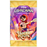 A pack of Disney Lorcana Trading Card Game Hyperia City cards, featuring colorful character art of a hooded figure playing a guitar on the front packaging.