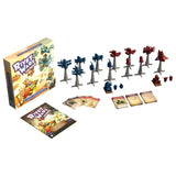 Toy soldiers, cards, and box for 'Riot Wars' game on a white background
