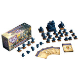 Board game set with miniatures, cards, and box titled 'River Wars'.