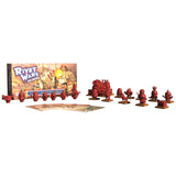 Board game set with red figurines and game board on a white background