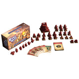 Board game set with figures, cards, and box on a white background