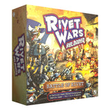 Board game box for 'Rivet Wars Reloaded' with colorful artwork and text.