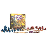 Board game set with 'Rivet Wars' box and miniature figures on a white background