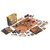 Board game set with pieces and components on a white background
