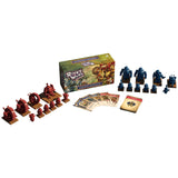 Board game set with figures, cards, and box on a white background