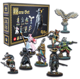 Collection of miniature figurines with a detailed box set in the background