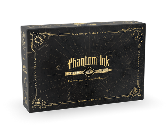 Black game box with gold text and design elements on a white background