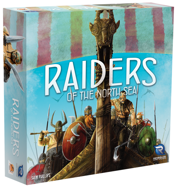 Board game box for 'Raiders of the North Sea' with Viking-themed artwork on a white background.