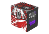 A magnetic card protector box by Gamegenic, featuring a bold red, black, and white abstract swirl pattern with a purple window on the side.