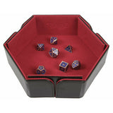 Red and black dice tray with six polyhedral dice on a white background