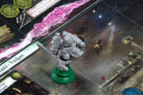 Toy figure on a board game with space-themed scenery