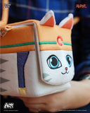 Cat-shaped pouch with a cartoon face design held by a person