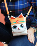 Cat-shaped pouch held by a person with a blue plaid shirt background