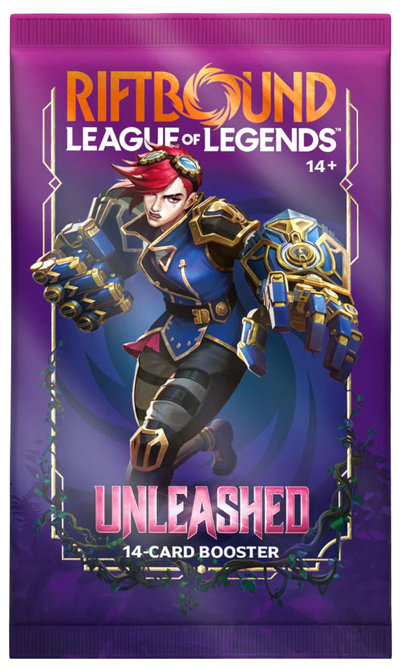 Riftbound League of Legends Unleashed booster pack with character illustration on purple background