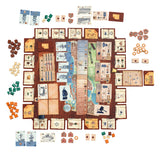 Board game components including a map, cards, and pieces on a white background