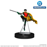 Superhero figurine with a weapon on a clear stand, featuring the DC HeroClix logo.