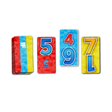 Four colorful number cards with different numbers on a white background