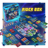 Board game setup with 'Rider Box' and 'Spark Riders' packaging on a blue background