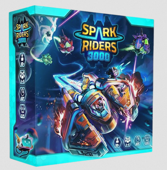 Box of 'Spark Riders 3000' with futuristic robot design on a blue background