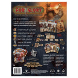 Back cover of 'For Glory' game packaging with game components and text.