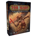 Board game box for 'For Glory' with a gladiator illustration on a white background