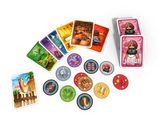 Board game components including cards and tokens on a white background