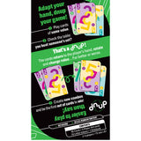 Card game packaging with colorful cards and game instructions on a green and black background