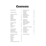 A book's table of contents page with black text on a white background, framed by a dark green vertical band on the left side.