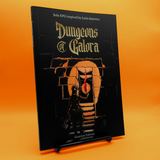 Book titled 'Dungeons of Galora' on an orange background