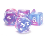 Set of blue and pink polyhedral dice with white numbers on a white background