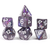 Set of purple polyhedral dice with white numbers on a white background