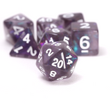 Set of purple polyhedral dice with white numbers on a white background