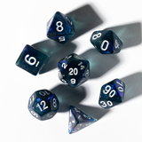 Set of blue polyhedral dice with white numbers on a white background