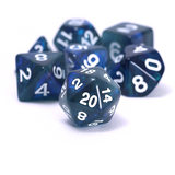 Set of blue and black dice with white numbers on a white background
